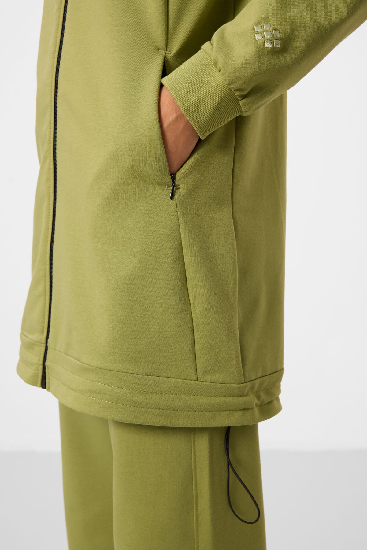 Olive Green Stand-Up Collar Zippered Cotton Women's Tracksuit Tunic Set - 95346