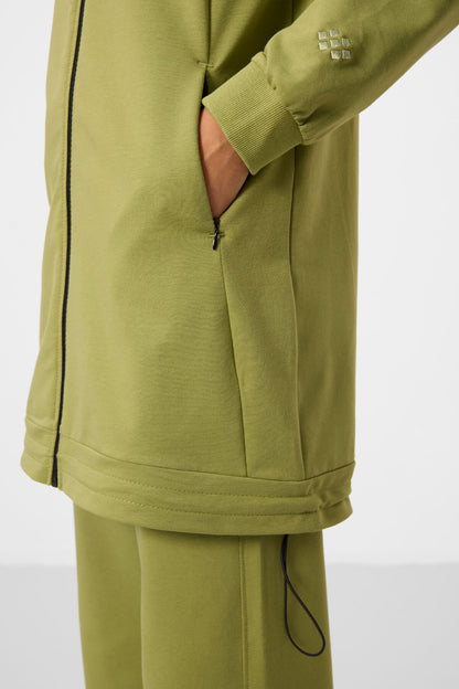 Olive Green Stand-Up Collar Zippered Cotton Women's Tracksuit Tunic Set - 95346