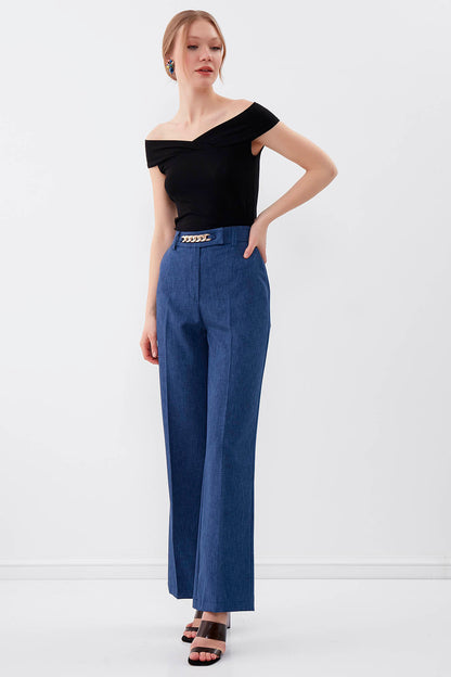 CHAIN DETAILED HIGH-WAIST WIDE-LEG TROUSERS
