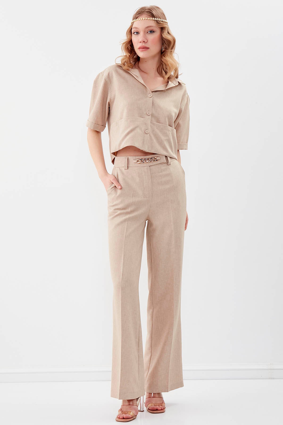 CHAIN DETAILED HIGH-WAIST WIDE-LEG TROUSERS
