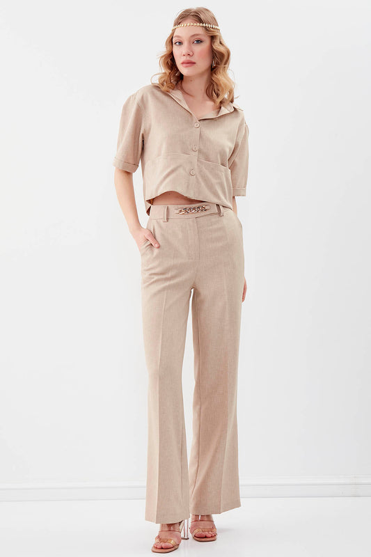 CHAIN DETAILED HIGH-WAIST WIDE-LEG TROUSERS