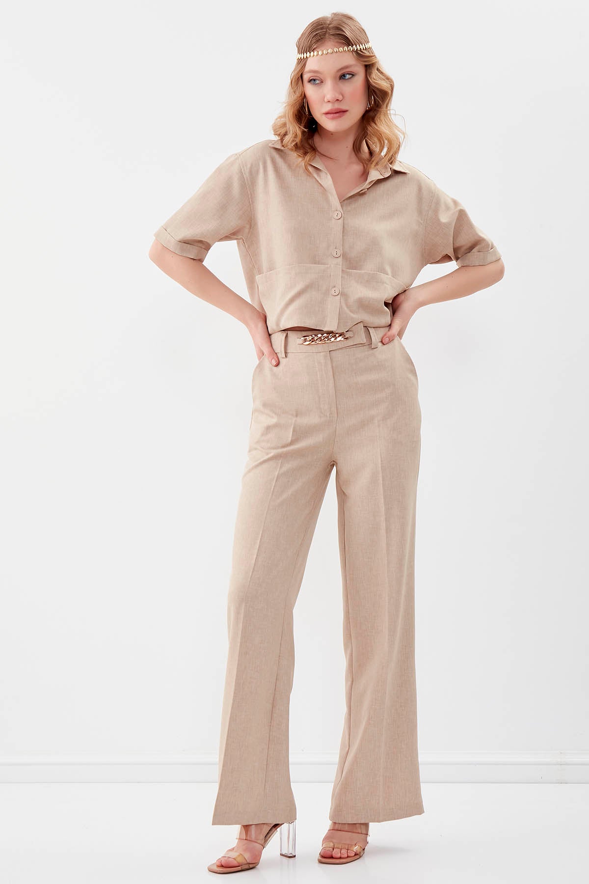 CHAIN DETAILED HIGH-WAIST WIDE-LEG TROUSERS