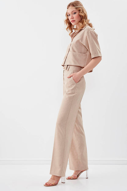CHAIN DETAILED HIGH-WAIST WIDE-LEG TROUSERS