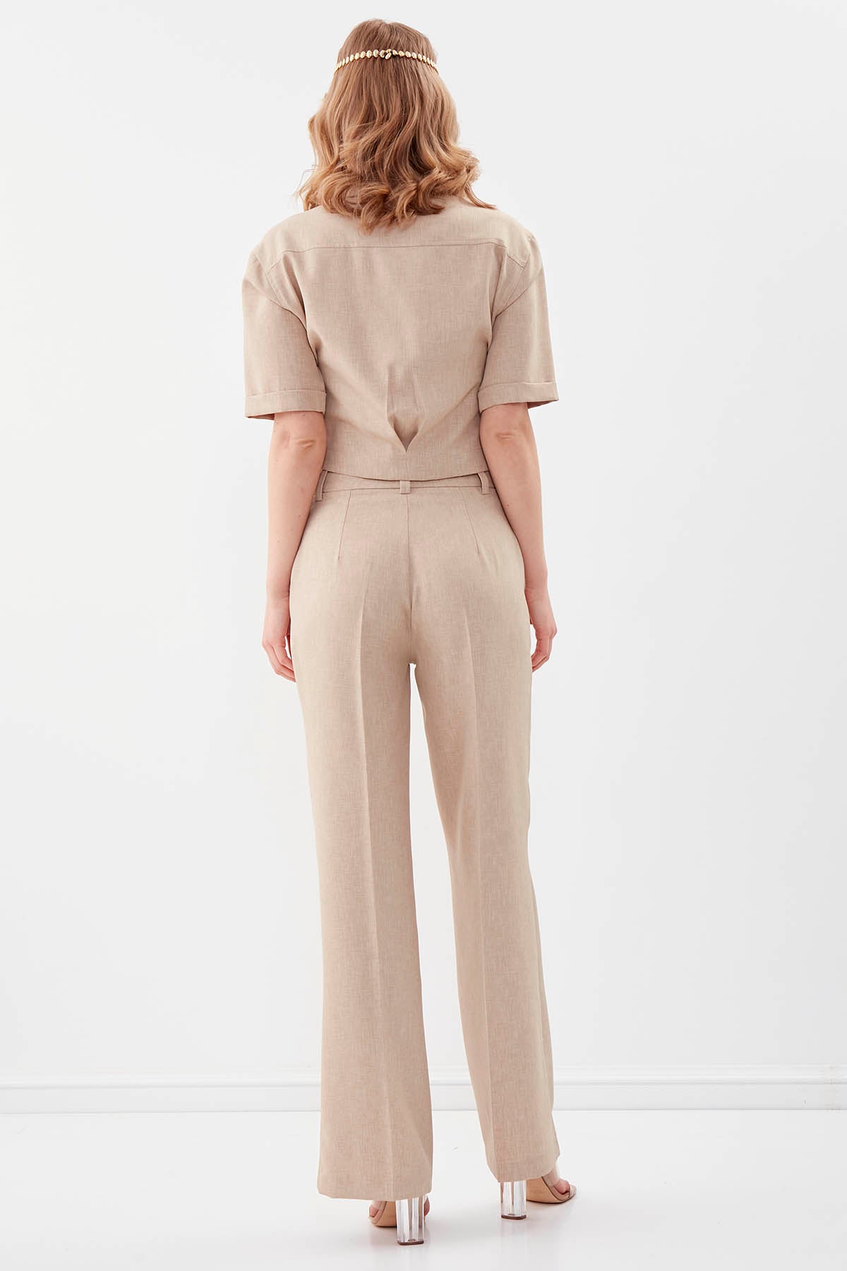 CHAIN DETAILED HIGH-WAIST WIDE-LEG TROUSERS