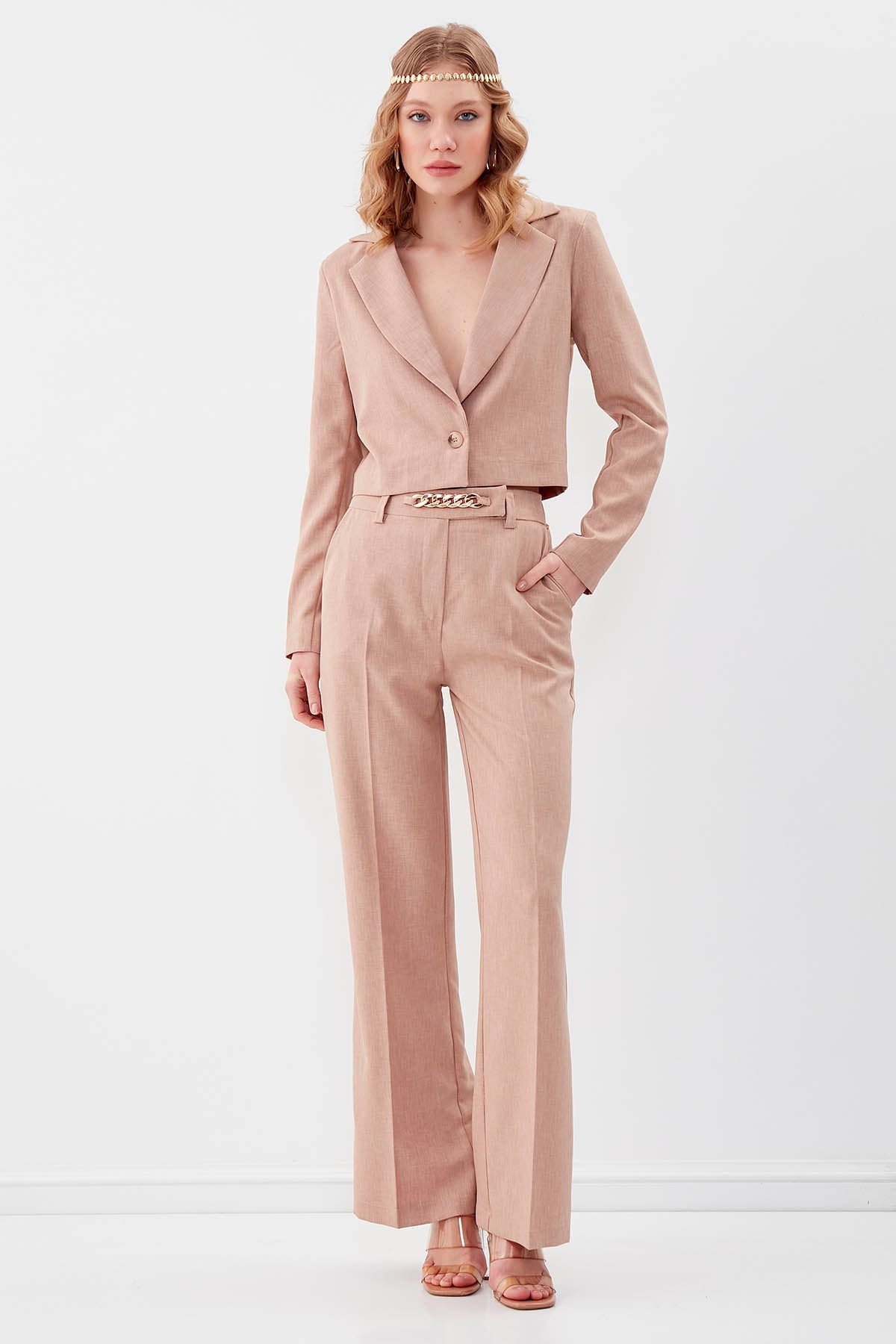 CHAIN DETAILED HIGH-WAIST WIDE-LEG TROUSERS