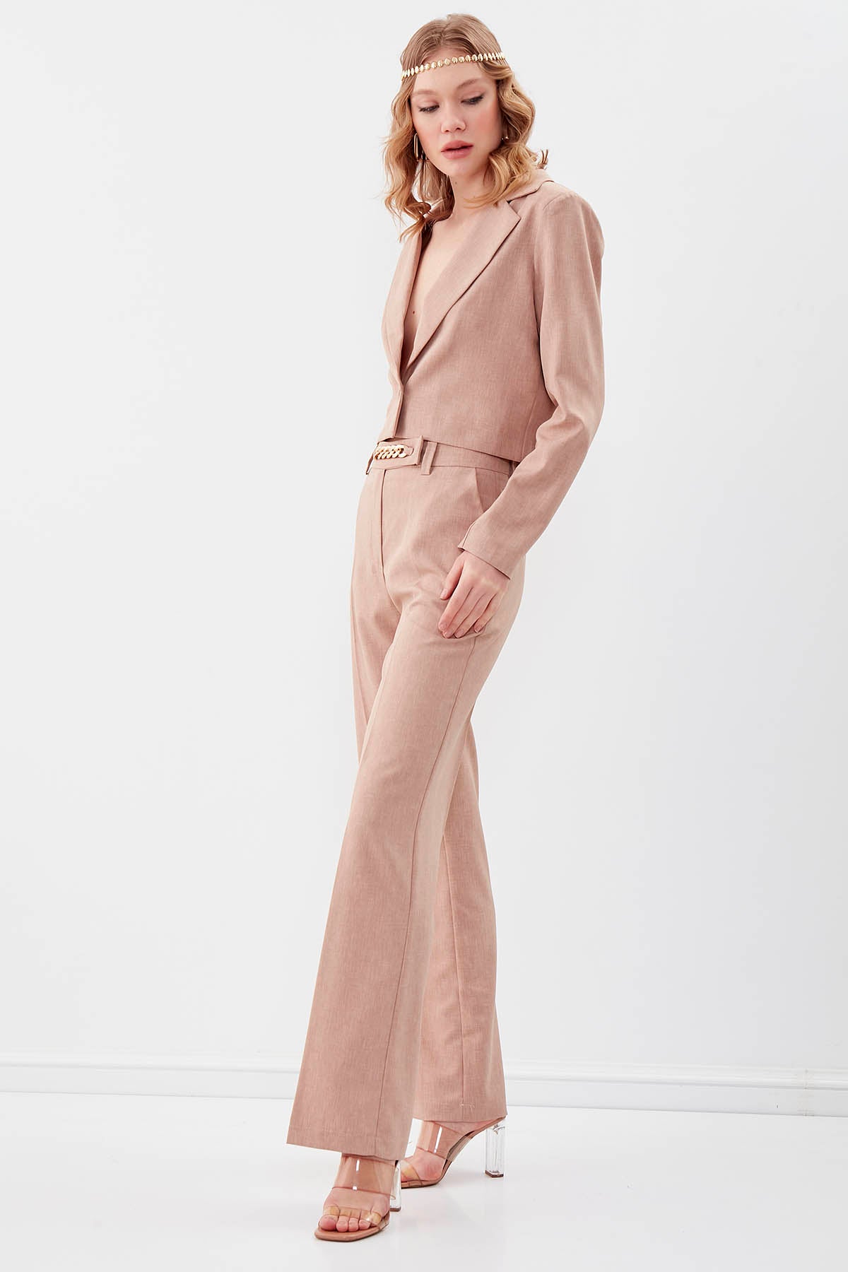 CHAIN DETAILED HIGH-WAIST WIDE-LEG TROUSERS