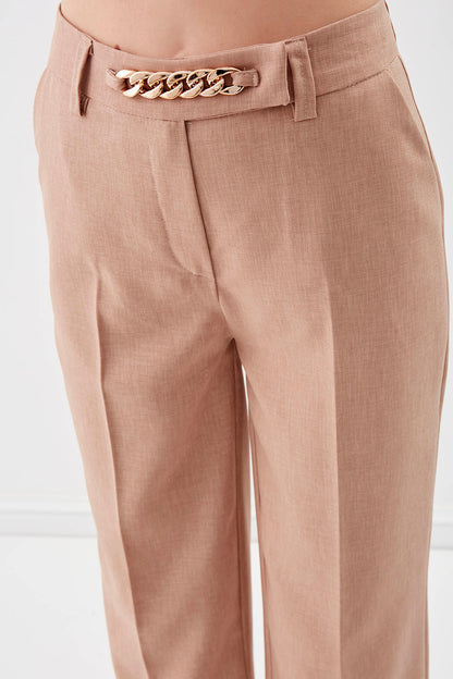 CHAIN DETAILED HIGH-WAIST WIDE-LEG TROUSERS