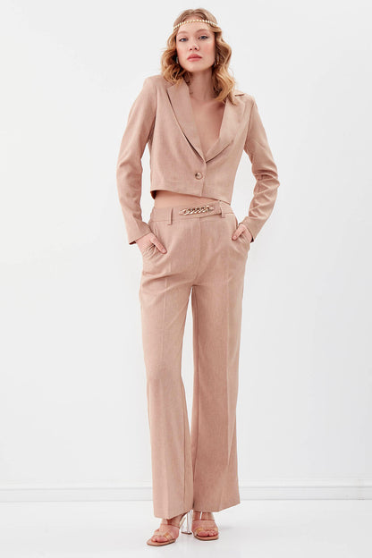 CHAIN DETAILED HIGH-WAIST WIDE-LEG TROUSERS
