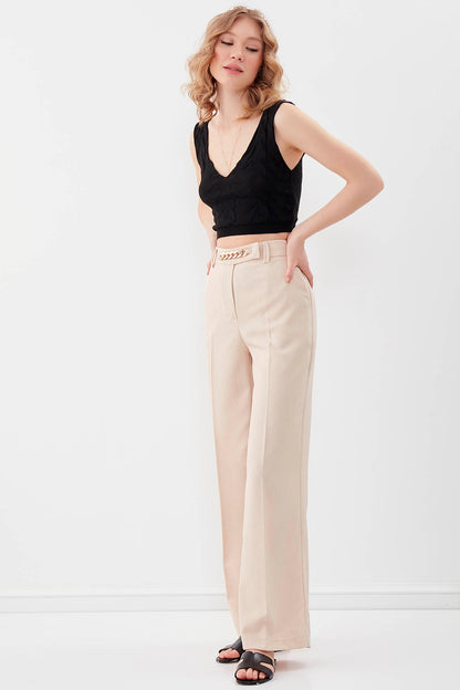 CHAIN DETAILED HIGH-WAIST WIDE-LEG TROUSERS