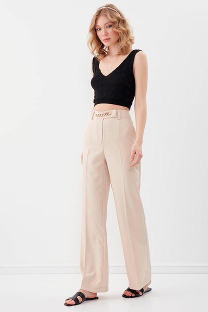CHAIN DETAILED HIGH-WAIST WIDE-LEG TROUSERS