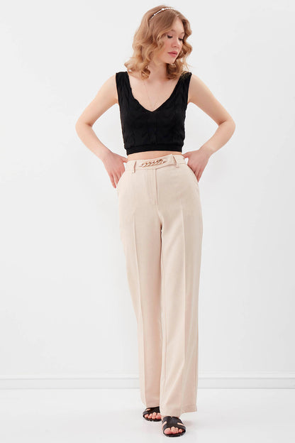 CHAIN DETAILED HIGH-WAIST WIDE-LEG TROUSERS