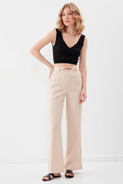 CHAIN DETAILED HIGH-WAIST WIDE-LEG TROUSERS